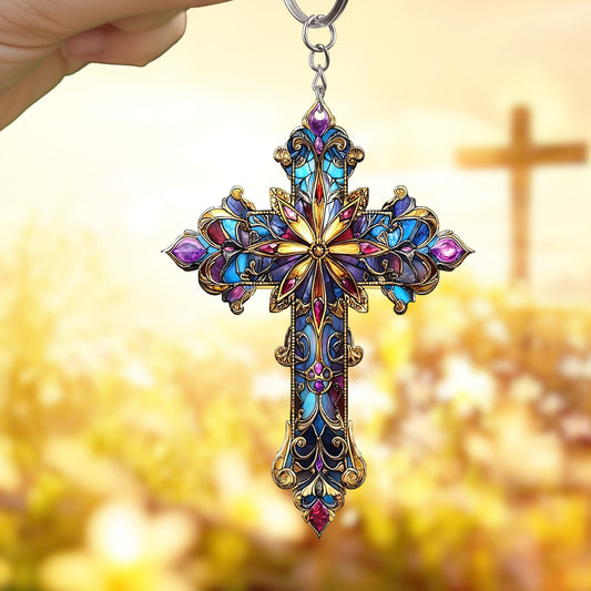 Stained Glass Cross Keychain