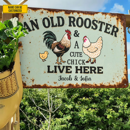 An Old Rooster & A Cute Chick - Personalized Chicken Metal Sign