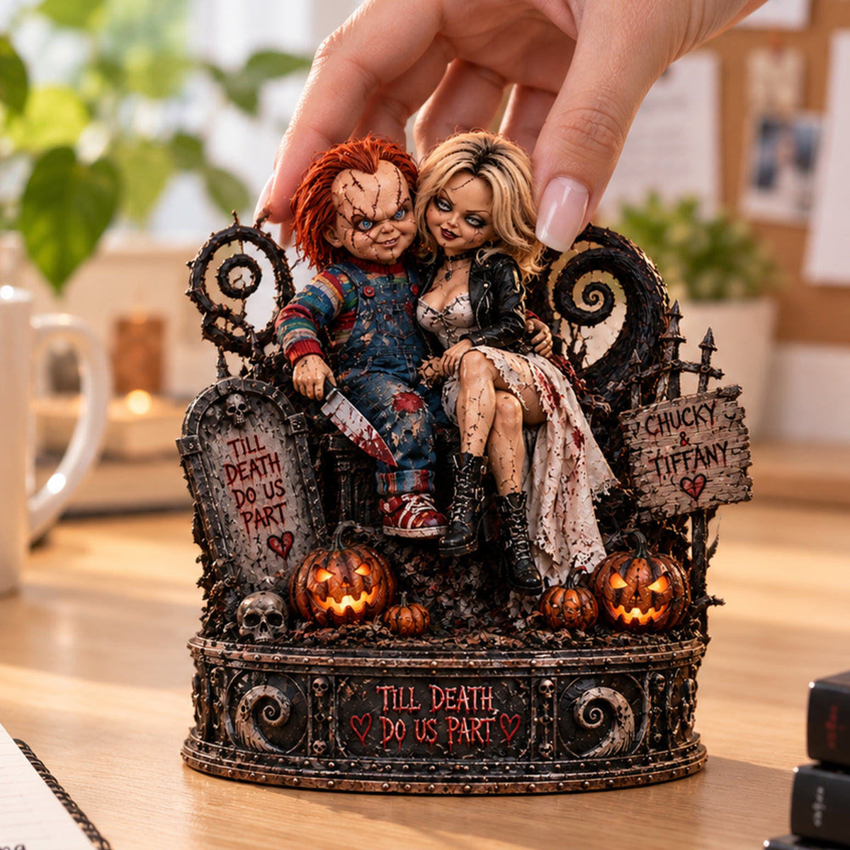 Chucky & Tiffany Till Death Do Us Part Horror Love Collectible Figurine Wooden Block - Collectible Table Decor