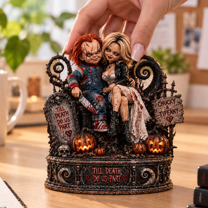 Chucky & Tiffany Till Death Do Us Part Horror Love Collectible Figurine Wooden Block - Collectible Table Decor
