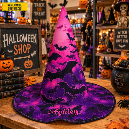 Personalized Bat Witch Hat – Custom Name Halloween Gift for Witch Lovers