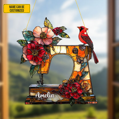 Love Sewing Cardinal - Personalized Acrylic Window Hanging
