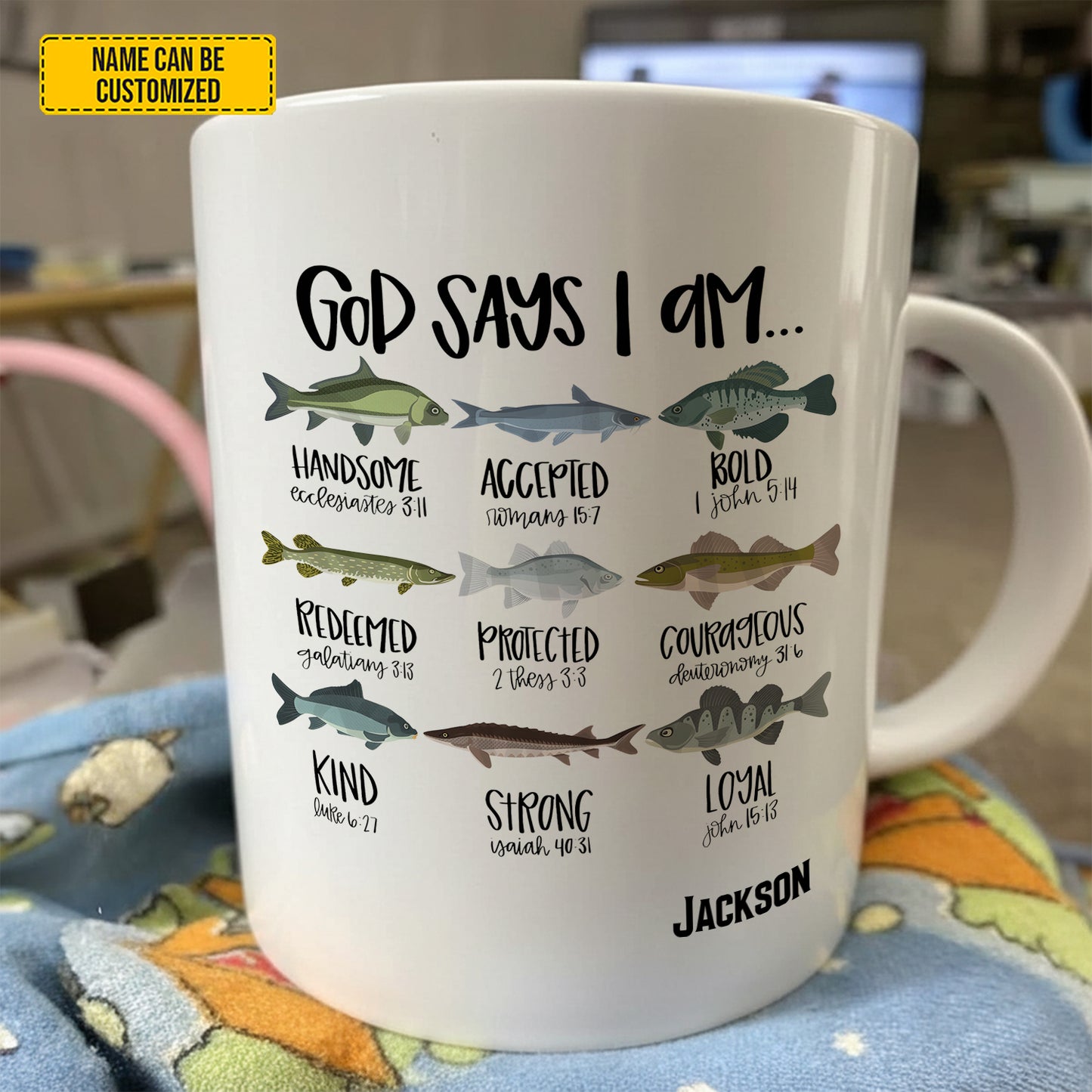 God Says I Am - Personalized Fishing White Mug