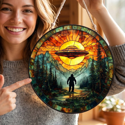 Bigfoot UFO Stain Glass Suncatcher