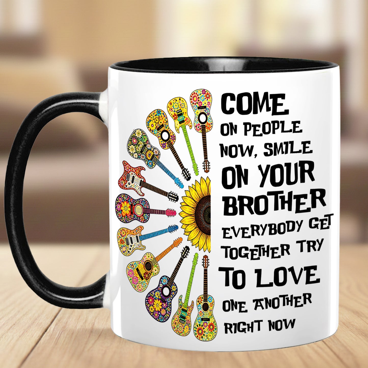 Come Together In Love – Hippie Guitar Sunflower Accent Mug