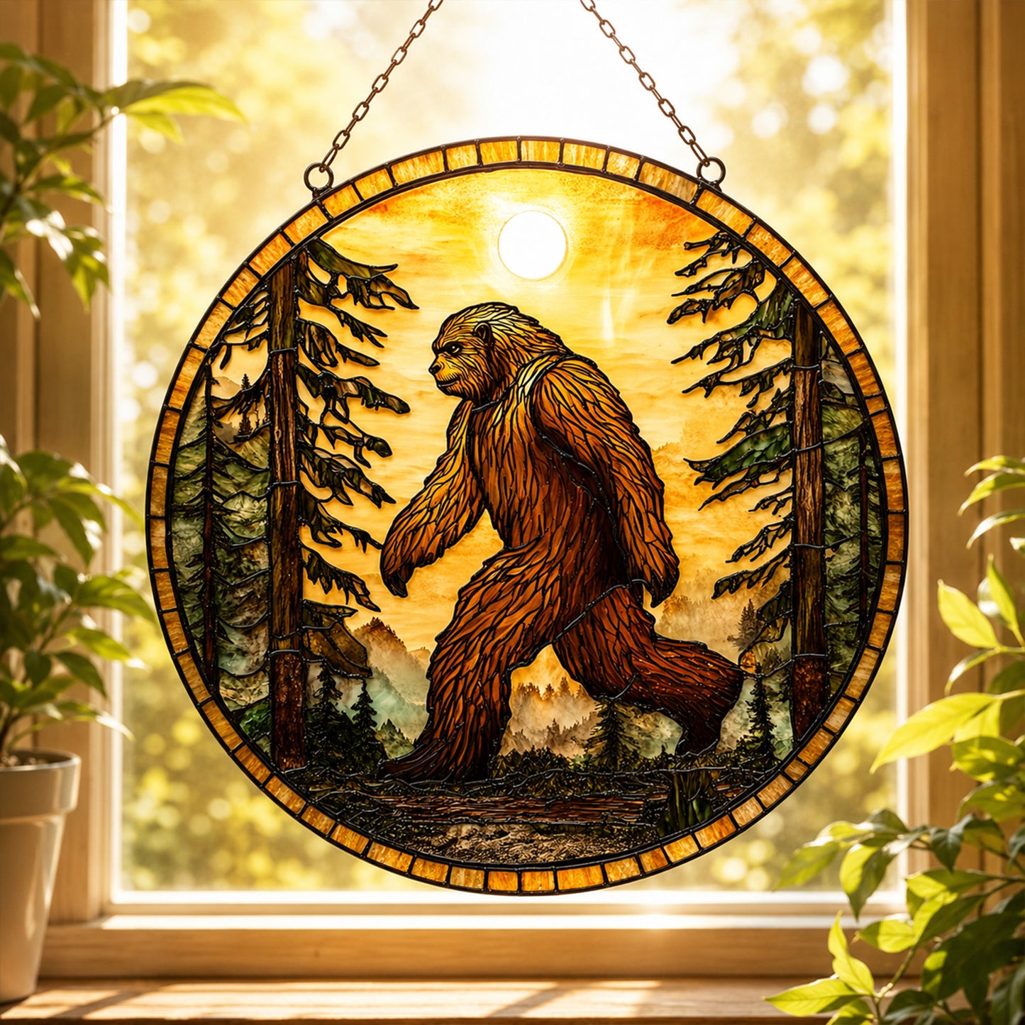 Bigfoot Forest Sunset Stained Glass Suncatcher