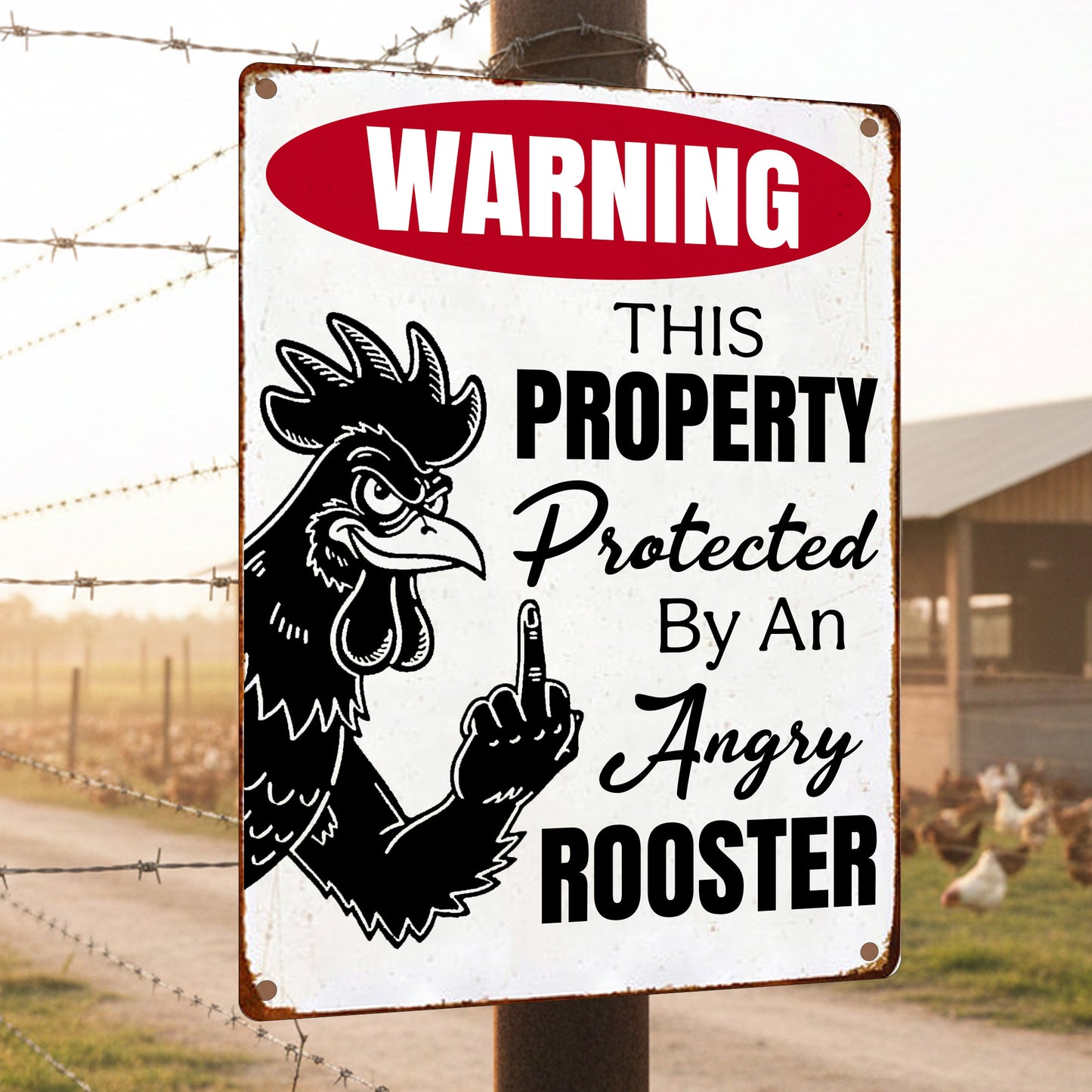 Funny Chicken Metal Sign - Warning This Preperty Protected By An Angry Rooster