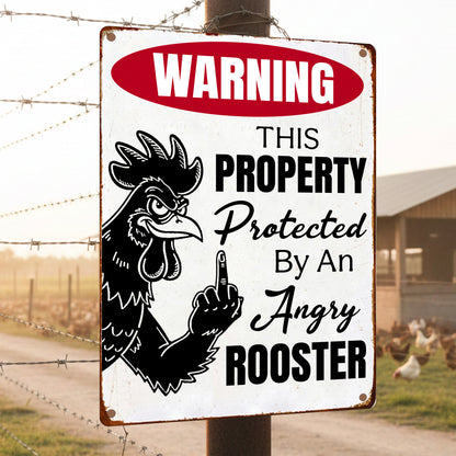 Funny Chicken Metal Sign - Warning This Preperty Protected By An Angry Rooster