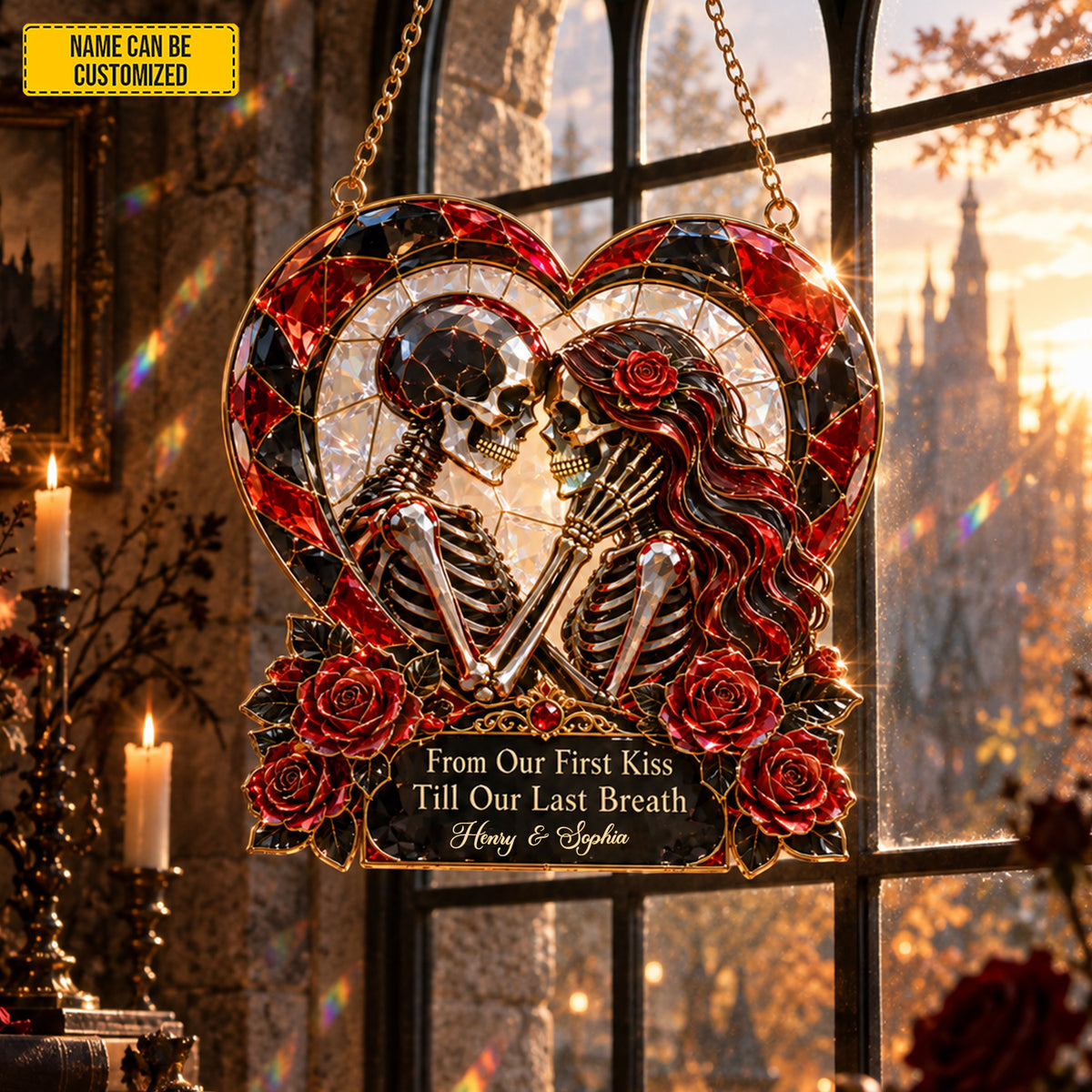 Personalized Skeleton Couple Suncatcher – Gothic Romantic Window Decor
