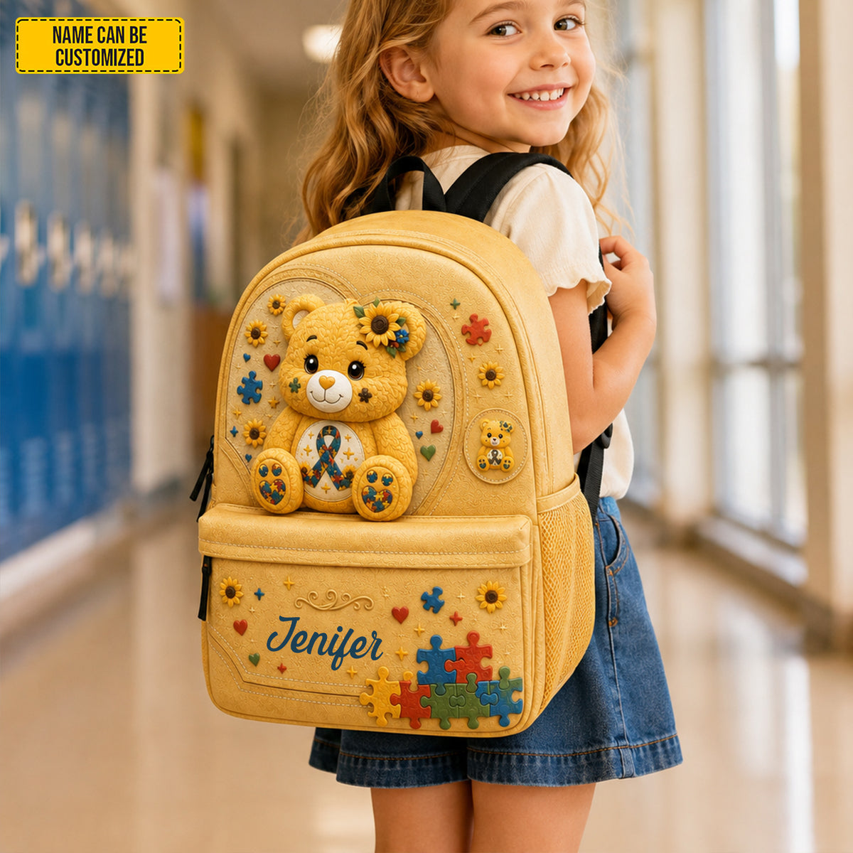 Personalized Autism Sunflower Bear Kids Backpack
