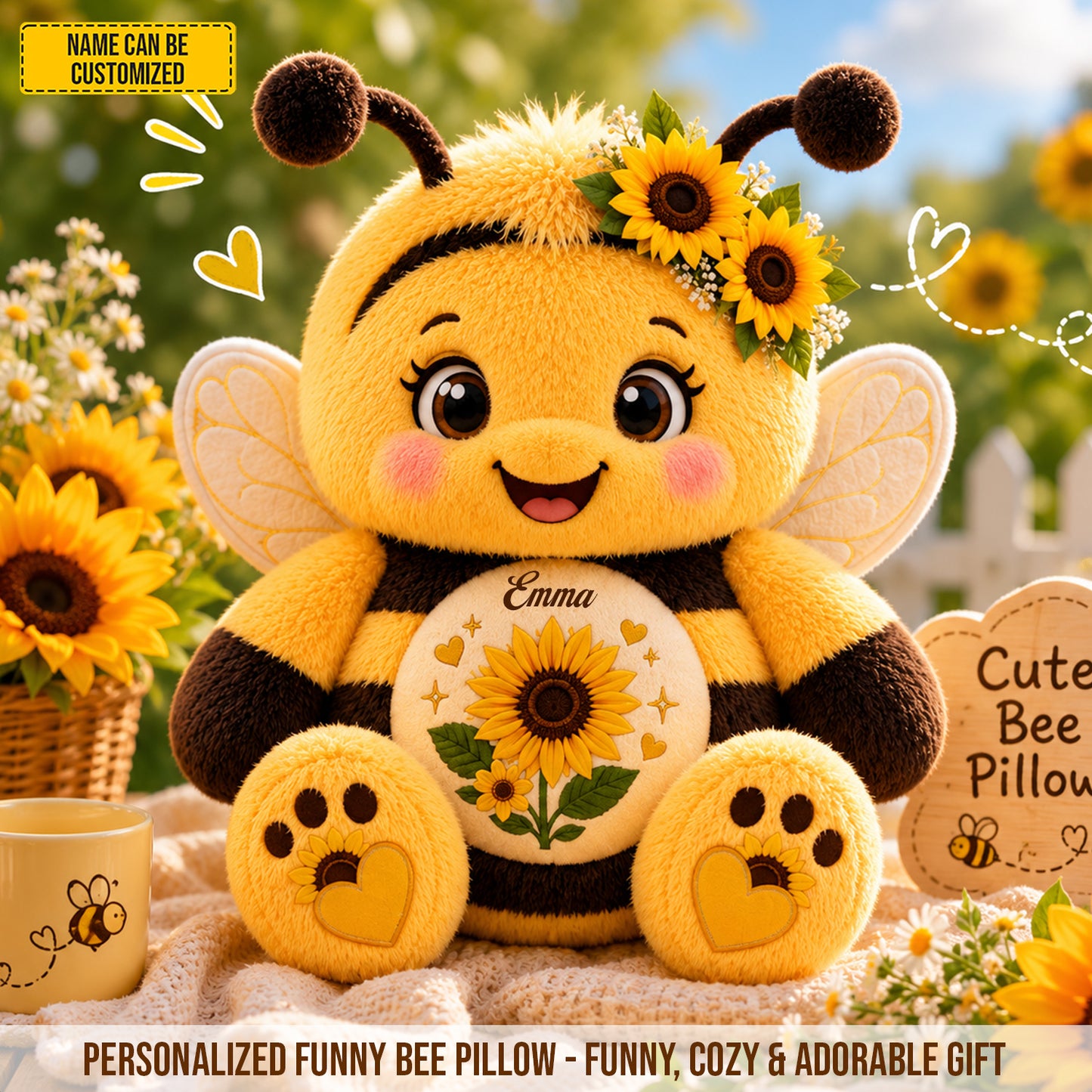 Personalized Cute Sunflower Bee Pillow