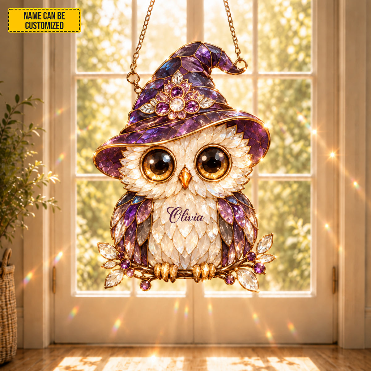 Personalized Witch Owl Suncatcher – Custom Name Stained Glass Window Decor