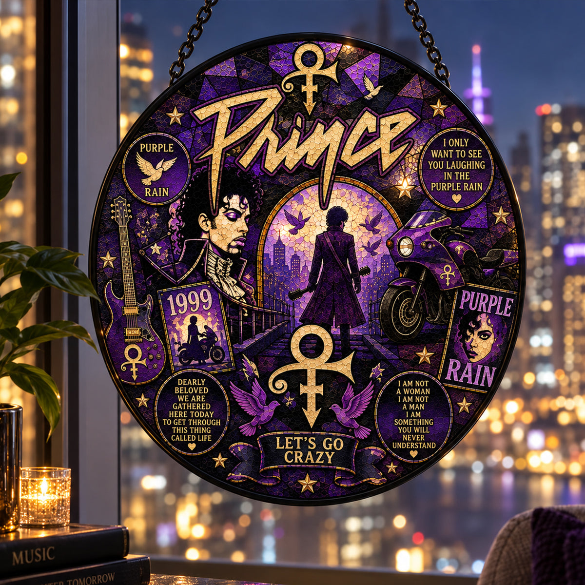 Prince Purple Rain Stained Glass Suncatcher
