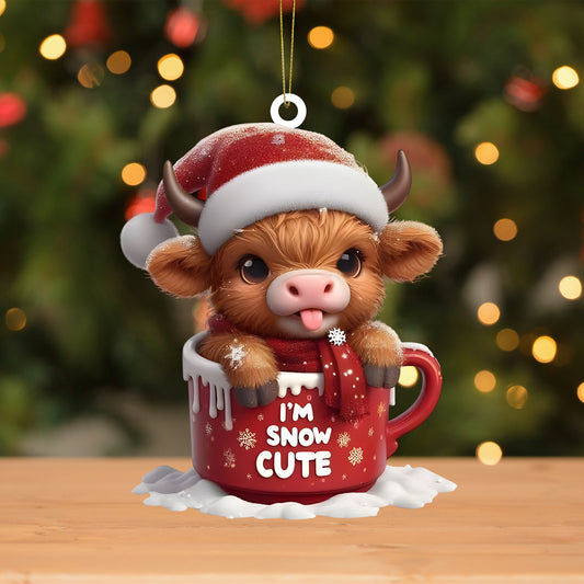 Cute Highland Cow In Mug Christmas Acrylic Ornament