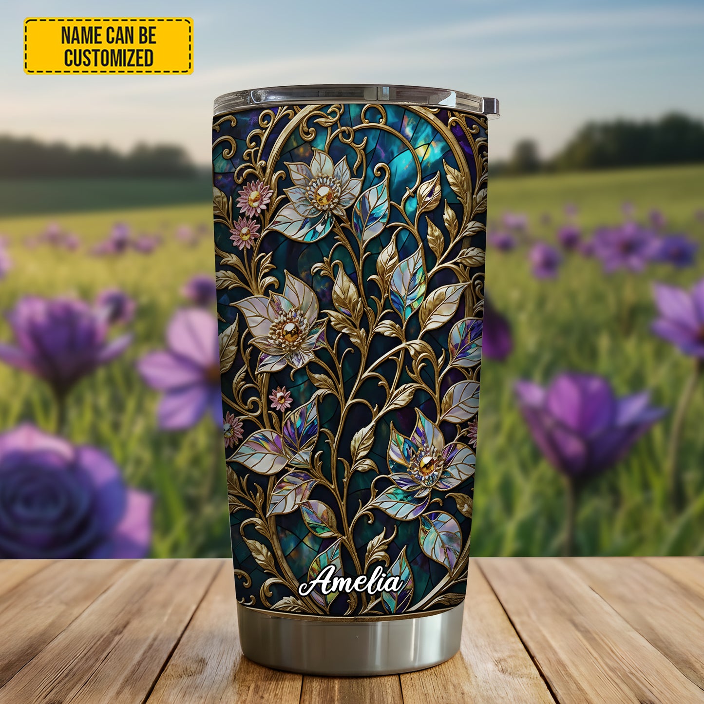 Personalized Waxflower & Celestial Quartz Stained Stained Glass Tumbler