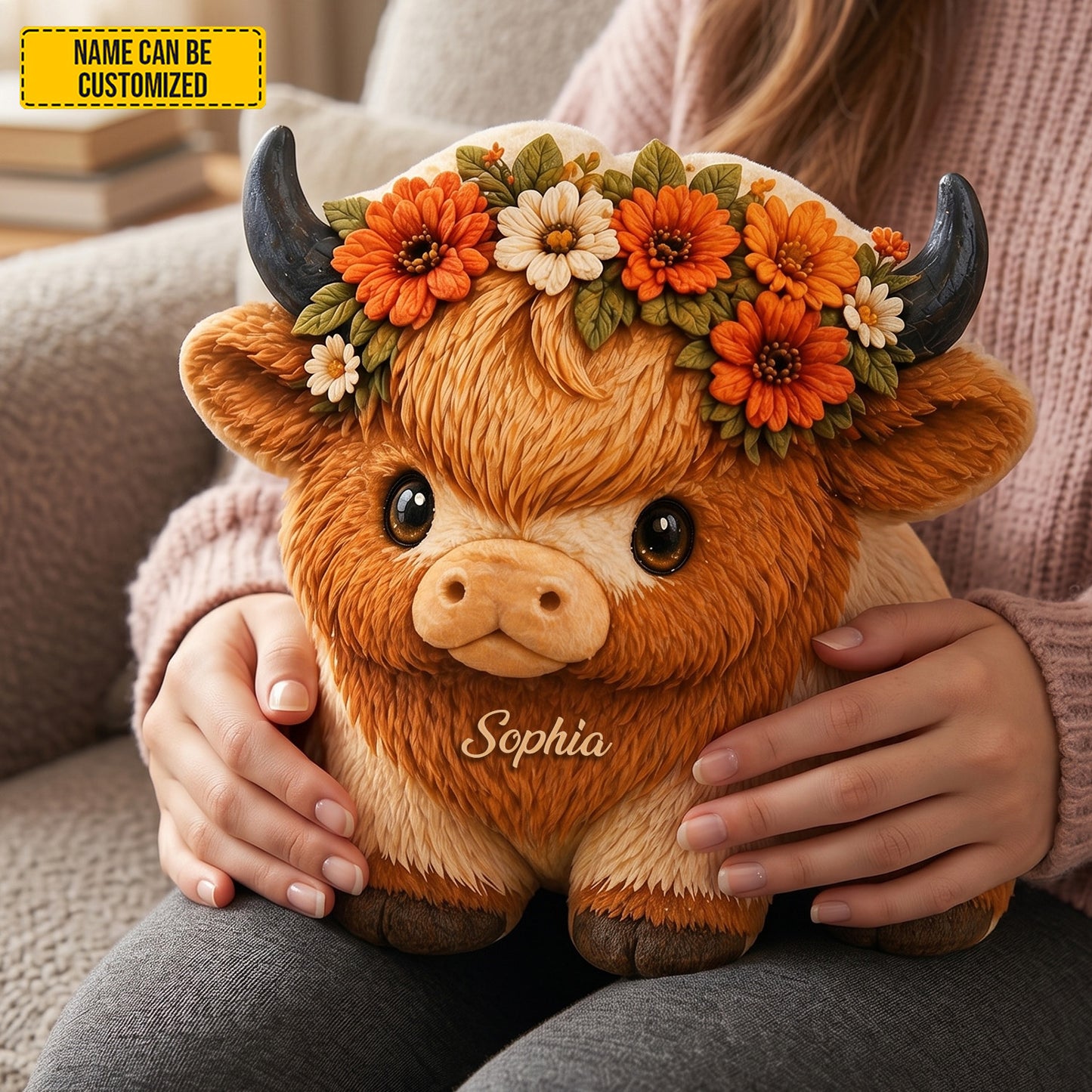 Floral Highland Cow - Personalized Cozy Highland Cow Shaped Pillow