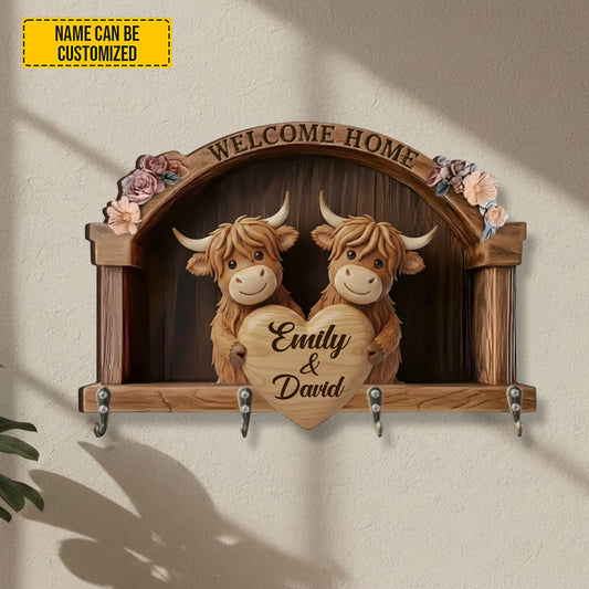 Personalized Highland Cow Couple Custom Shaped Key Rack