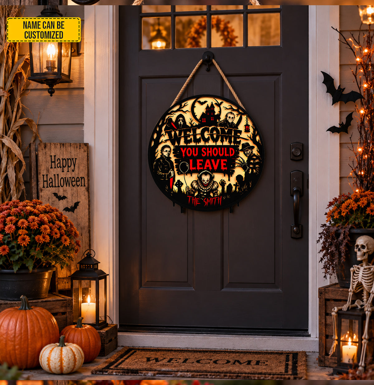 Personalized Horror Halloween Wood Sign – Custom Family Name Wall Decor