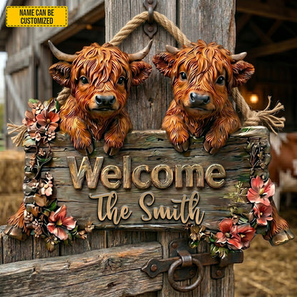 Highland Welcome – Personalized Cow Wooden Sign