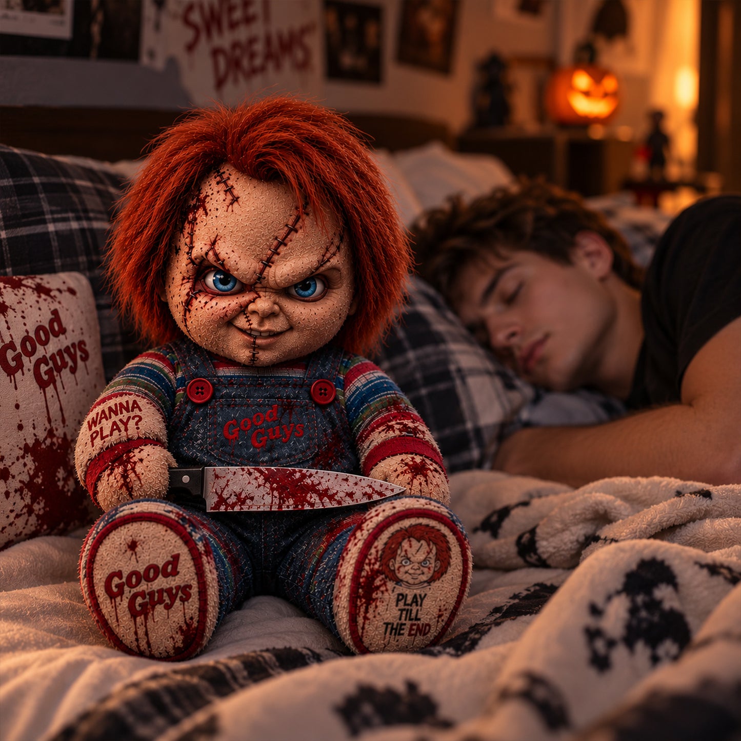 Wanna Play? Killer Doll Horror Custom Shape Pillow – Creepy Halloween Collector Gift