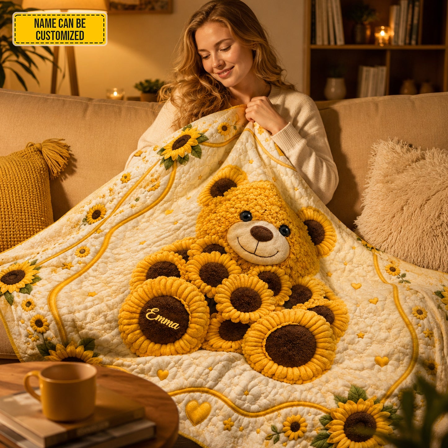 Personalized Cute Sunflower Bear Blanket