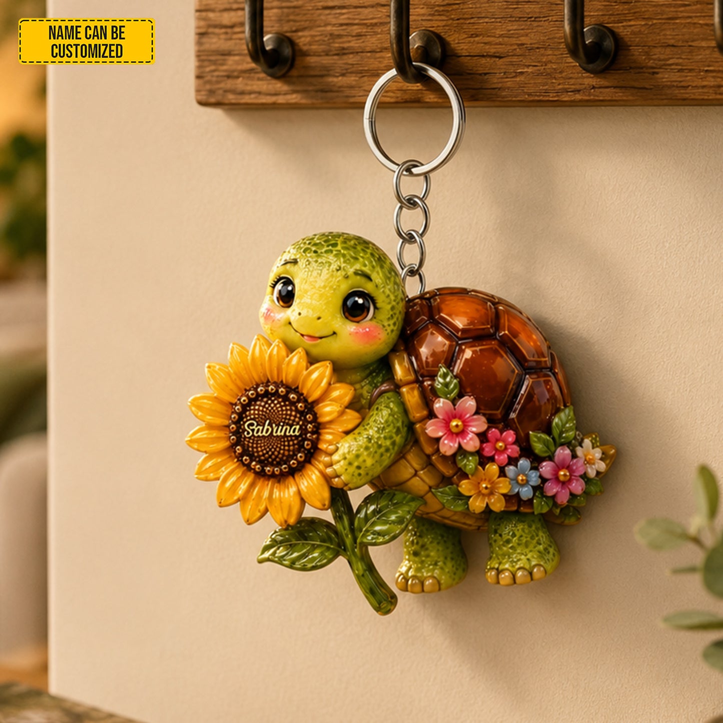 Sunflower Turtle Charm – Personalized Turtle Keychain