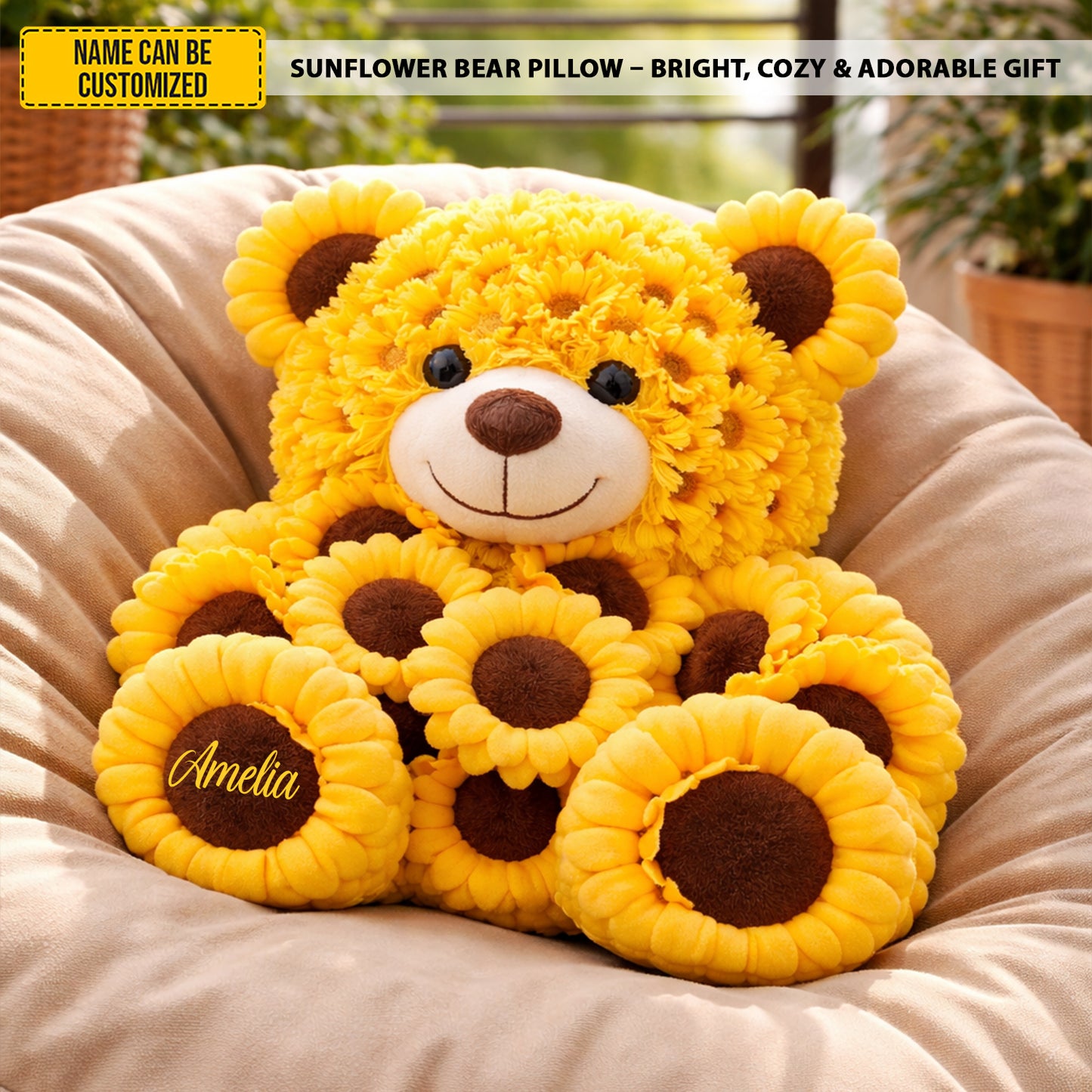 Personalized Sunflower Bear Pillow