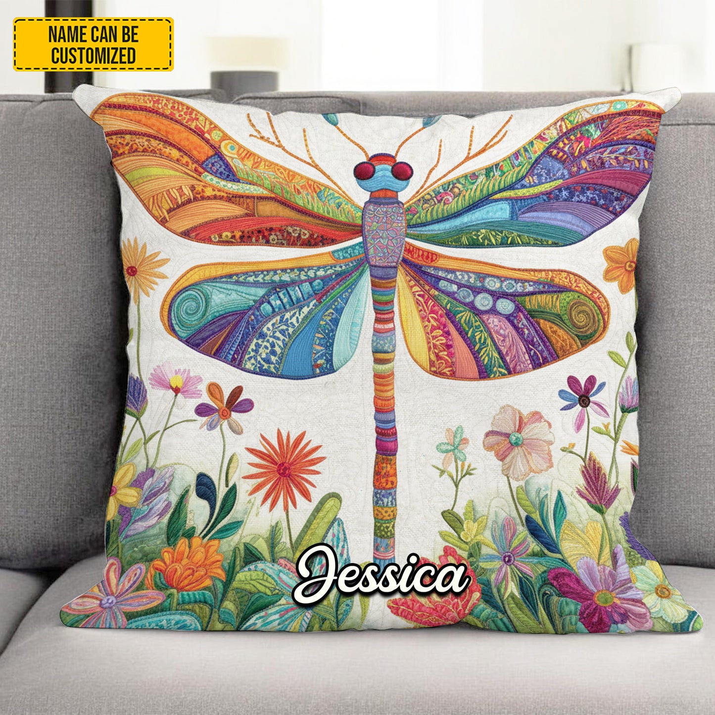 Personalized Colorful Dragonfly & Flowers Pillow