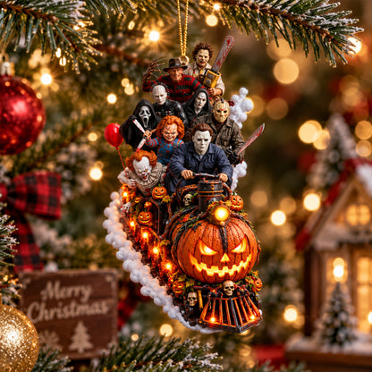 Horror Icons Halloween Train Christmas Ornament – Spooky Slasher Characters Pumpkin Express Hanging Decoration, Horror Fan Gift