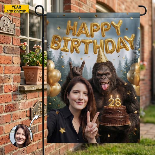Personalized Funny Custom Photo Bigfoot Birthday Garden Flag