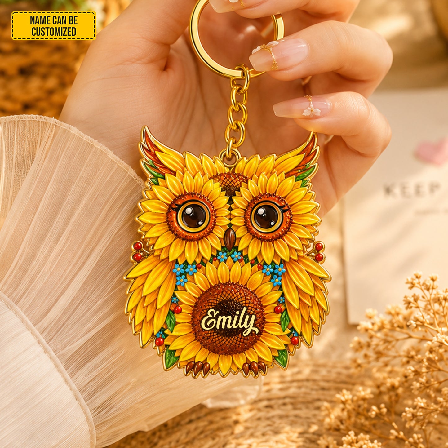 Sunflower Owl – Personalized Owl Acrylic Keychain