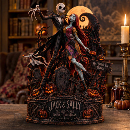 Jack & Sally Halloween Town Gothic Romance Wooden Block - Collectible Table Decor