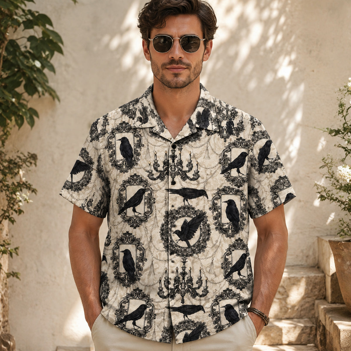 Gothic Raven Vintage Frames – Halloween Hawaiian Shirt