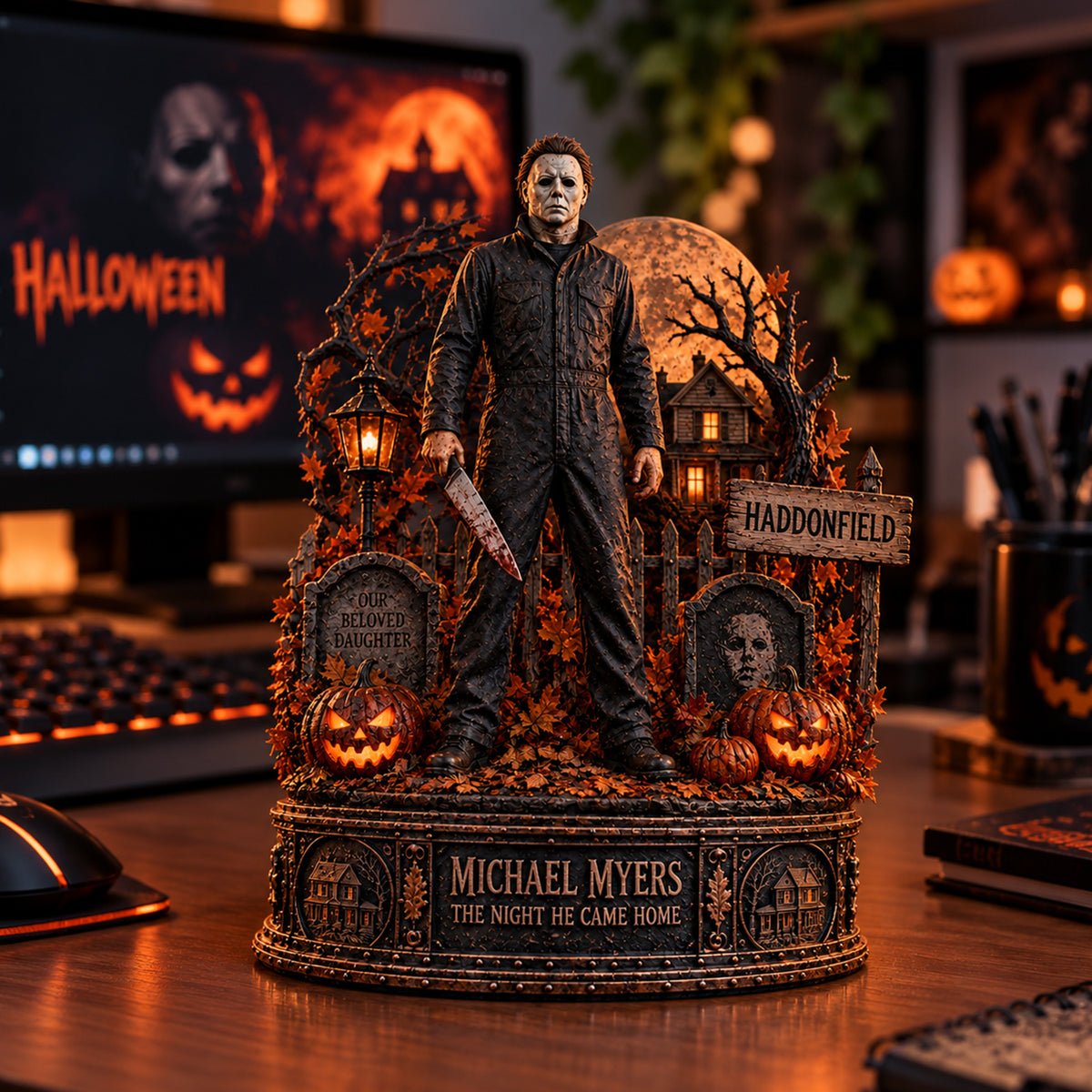 Michael Myers Haddonfield Halloween Wooden Block - Collectible Table Decor