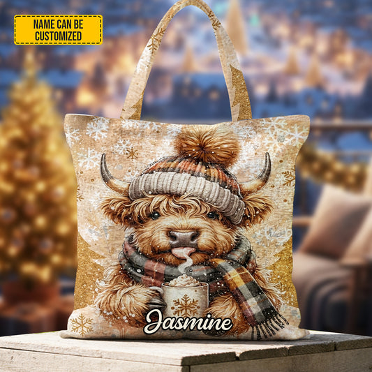 Personalized Highland Cow Winter Tote Bag