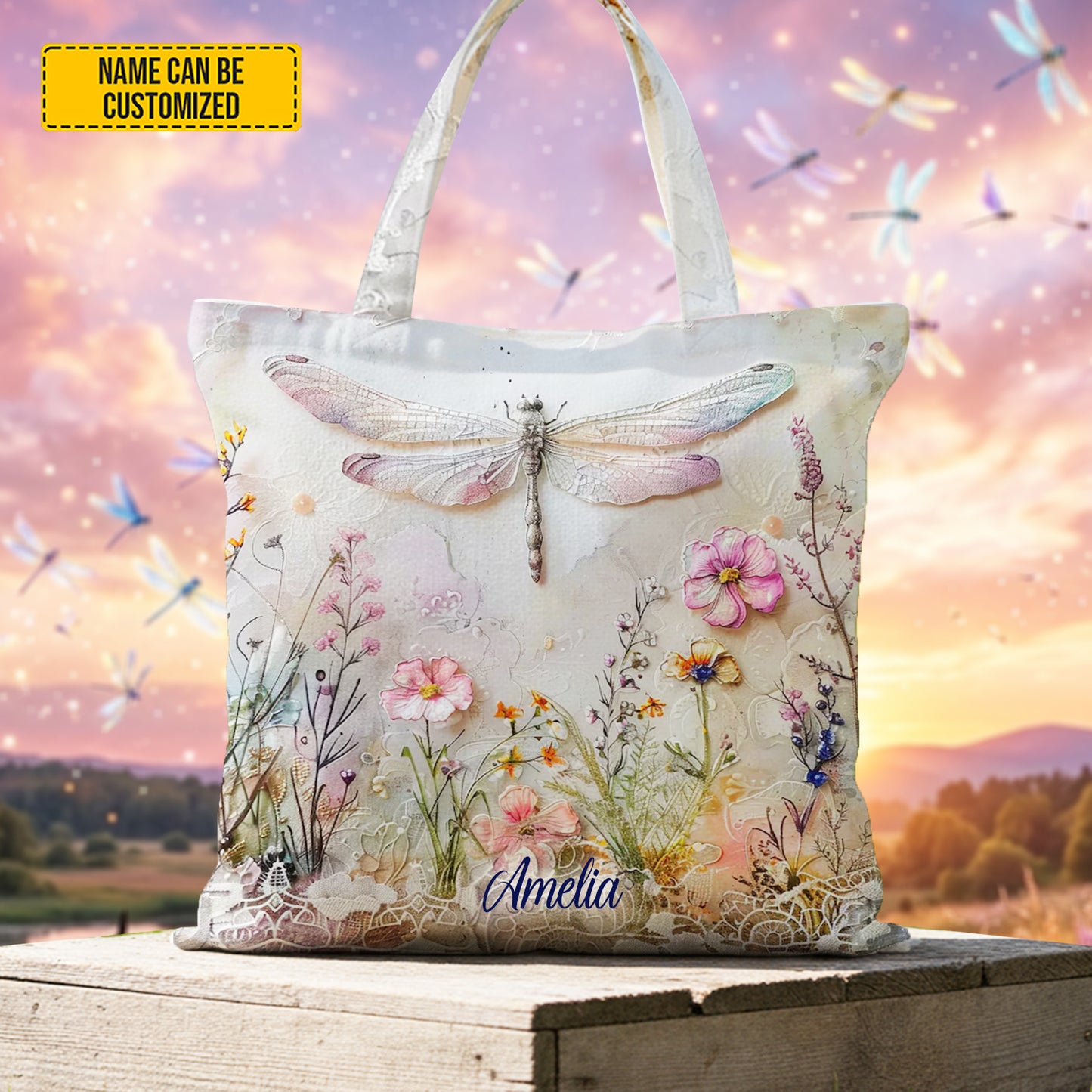 Personalized Dragonfly Floral Tote Bag