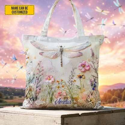 Personalized Dragonfly Floral Tote Bag