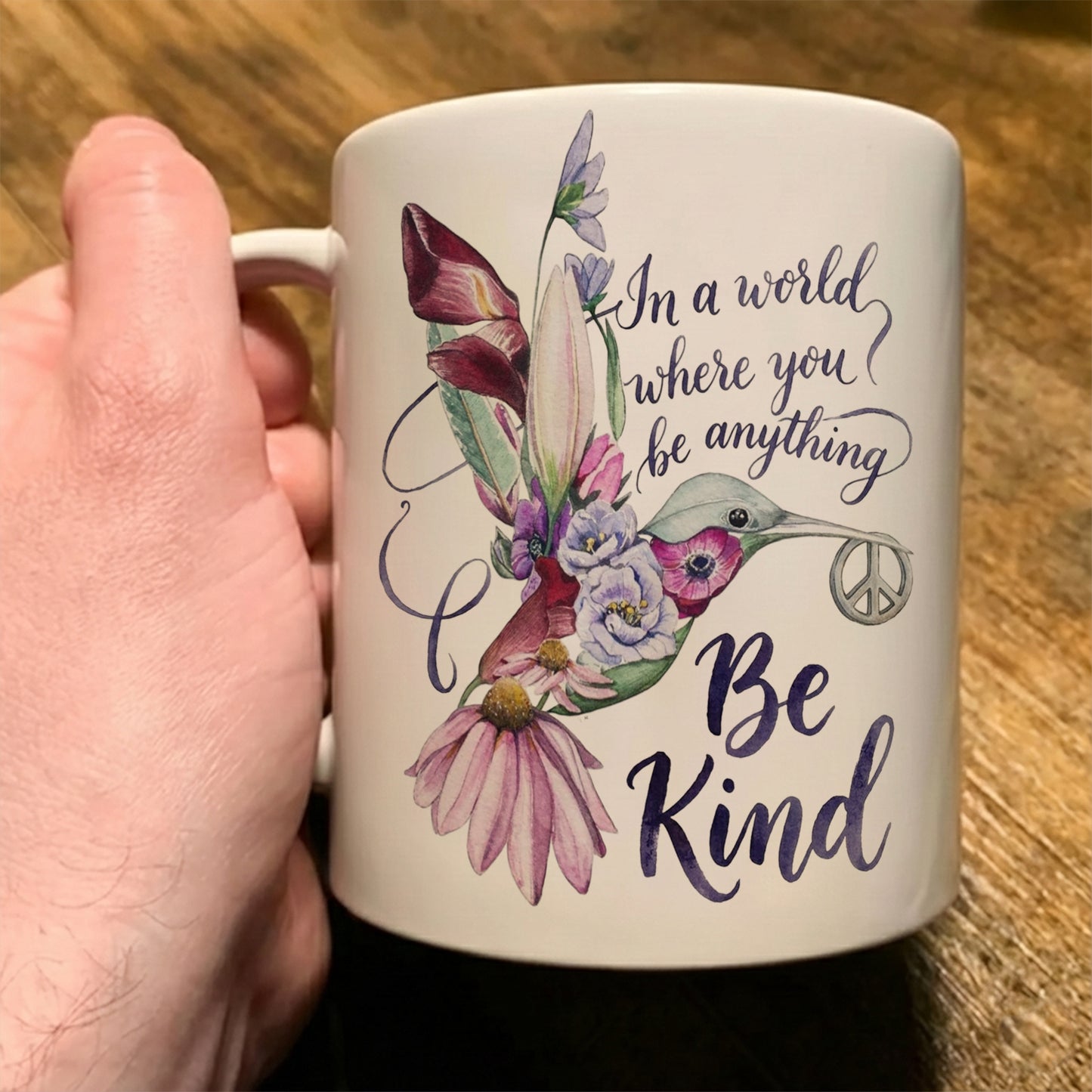 Be Kind - Hummingbird Flower White Mug