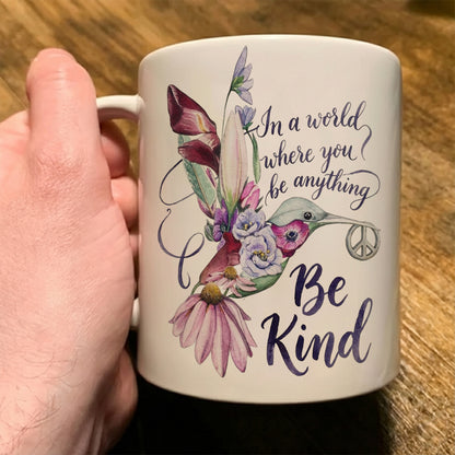 Be Kind - Hummingbird Flower White Mug