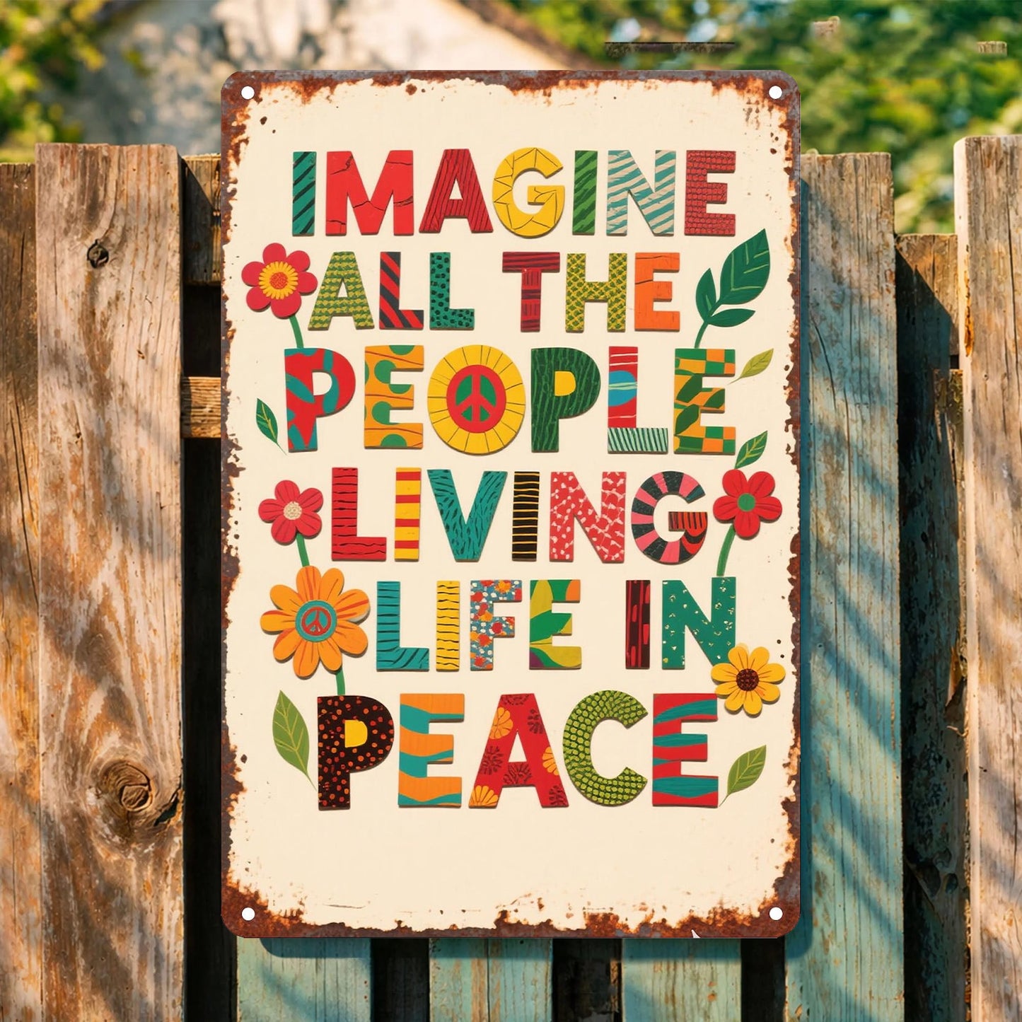 Imagine All The People Living Life In Peace - Hippie Metal Sign