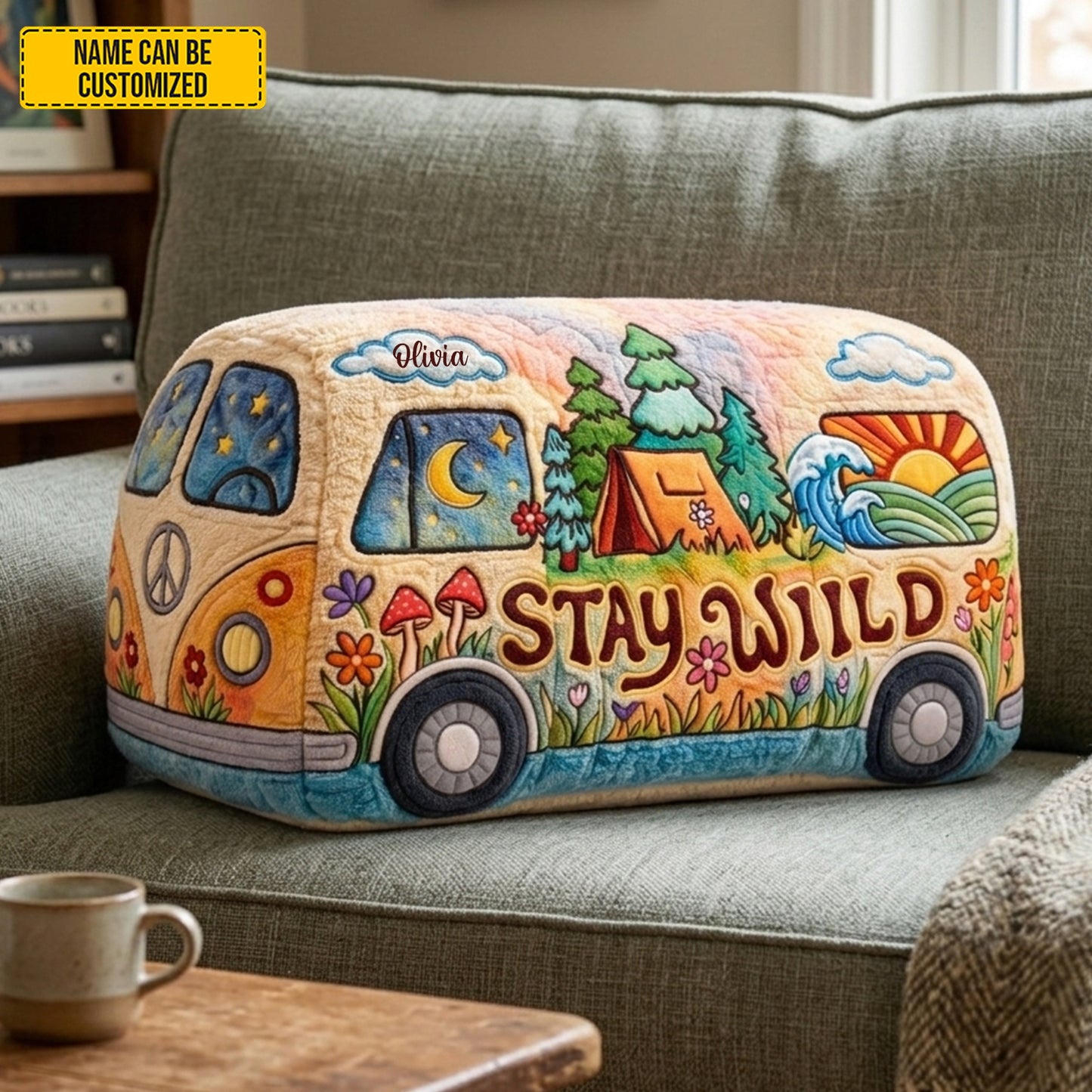 Stay Wild - Personalized Hippie Van Shaped Pillow