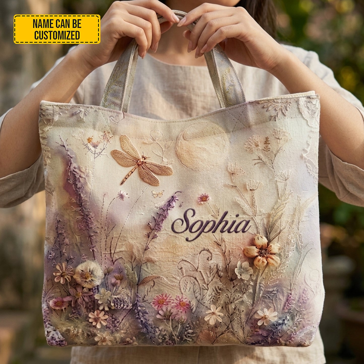 Personalized Floral Dragonfly Tote Bag