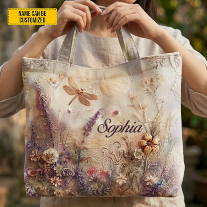 Personalized Floral Dragonfly Tote Bag