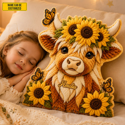 Personalized Cozy Highland Cow With Sunflower Shaped Pillow