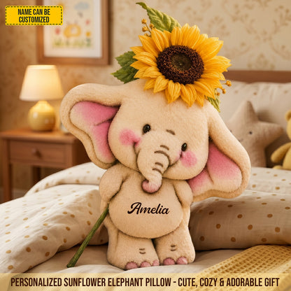 Personalized Cute Sunflower Elephant Pillow