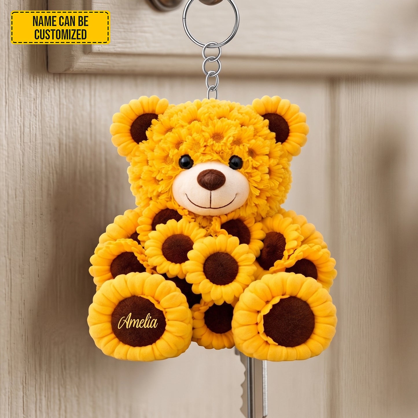 Personalized Bear Sunflowers Shape Keychain