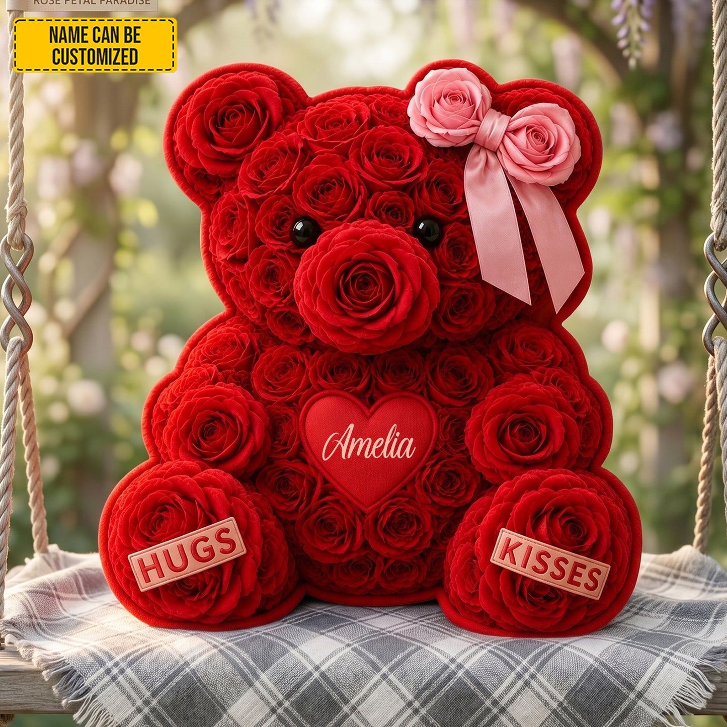 Personalized Rose Bear With Bow Pillow
