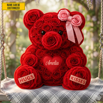 Personalized Rose Bear With Bow Pillow