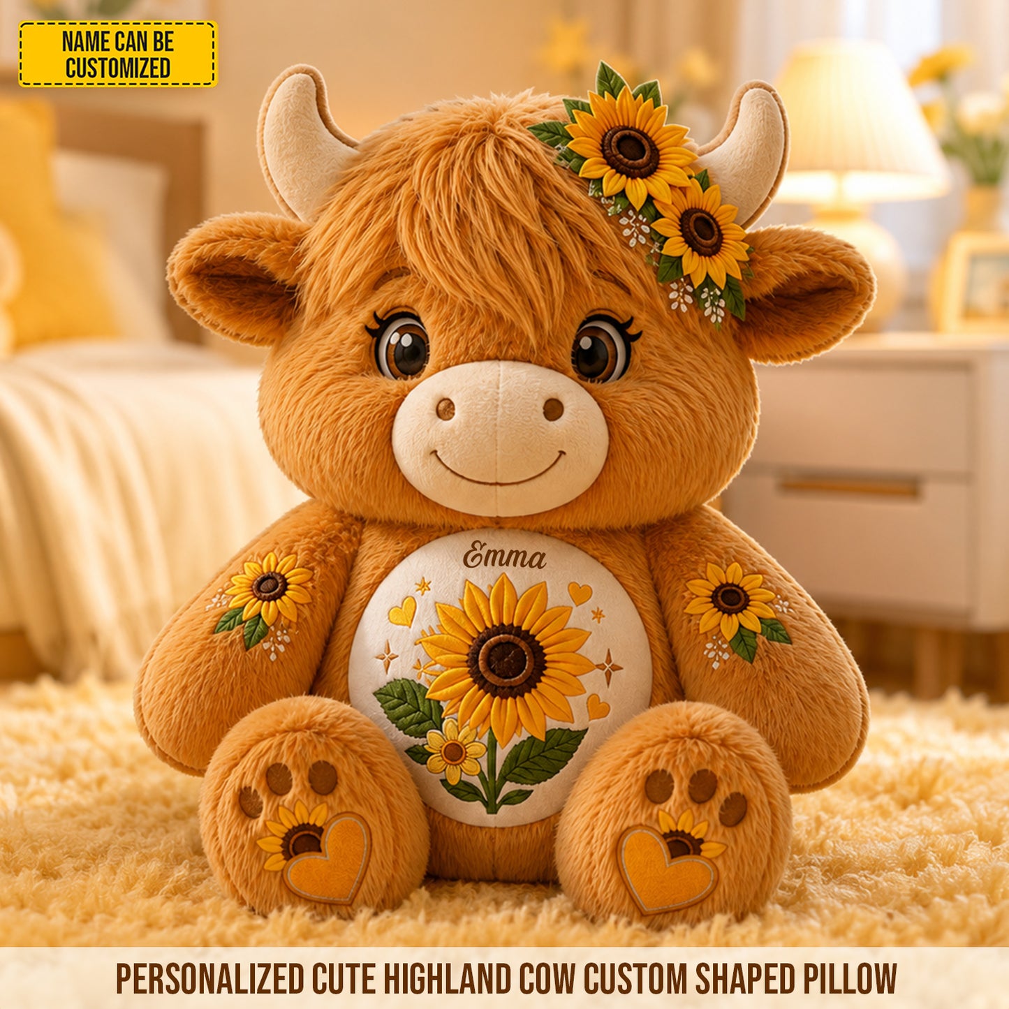 Personalized Highland Cow With Sunflowers Pillow