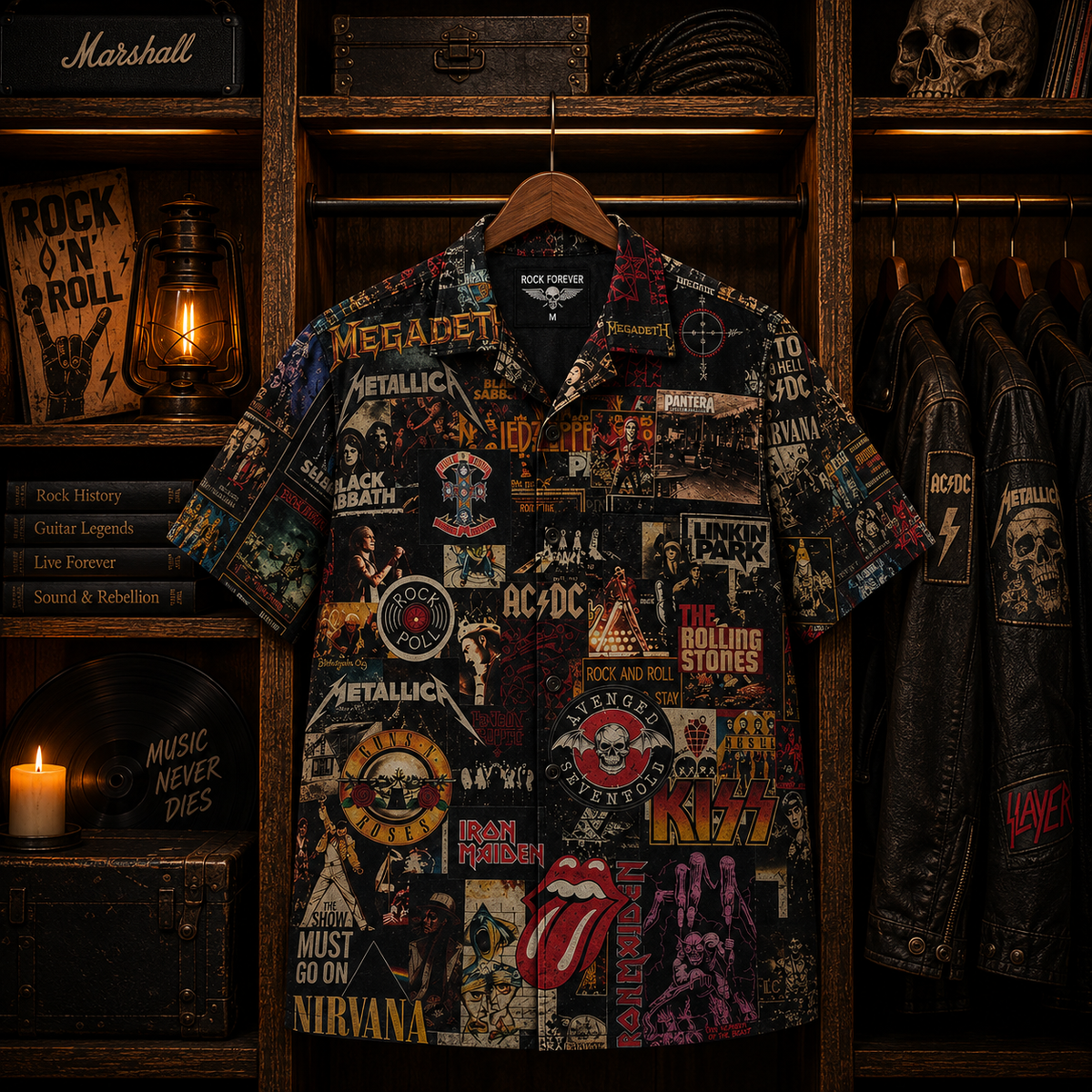 Rock Legends Collage Hawaiian Shirt – Classic Rock & Heavy Metal Bands Vintage Shirt, Rock and Roll Music Fan Gift